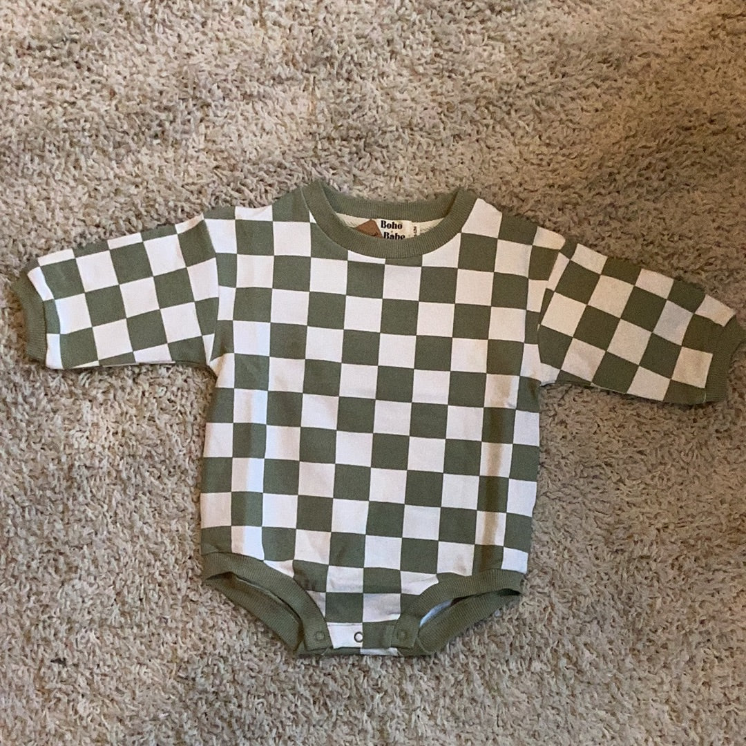 Checker board sweater romper green