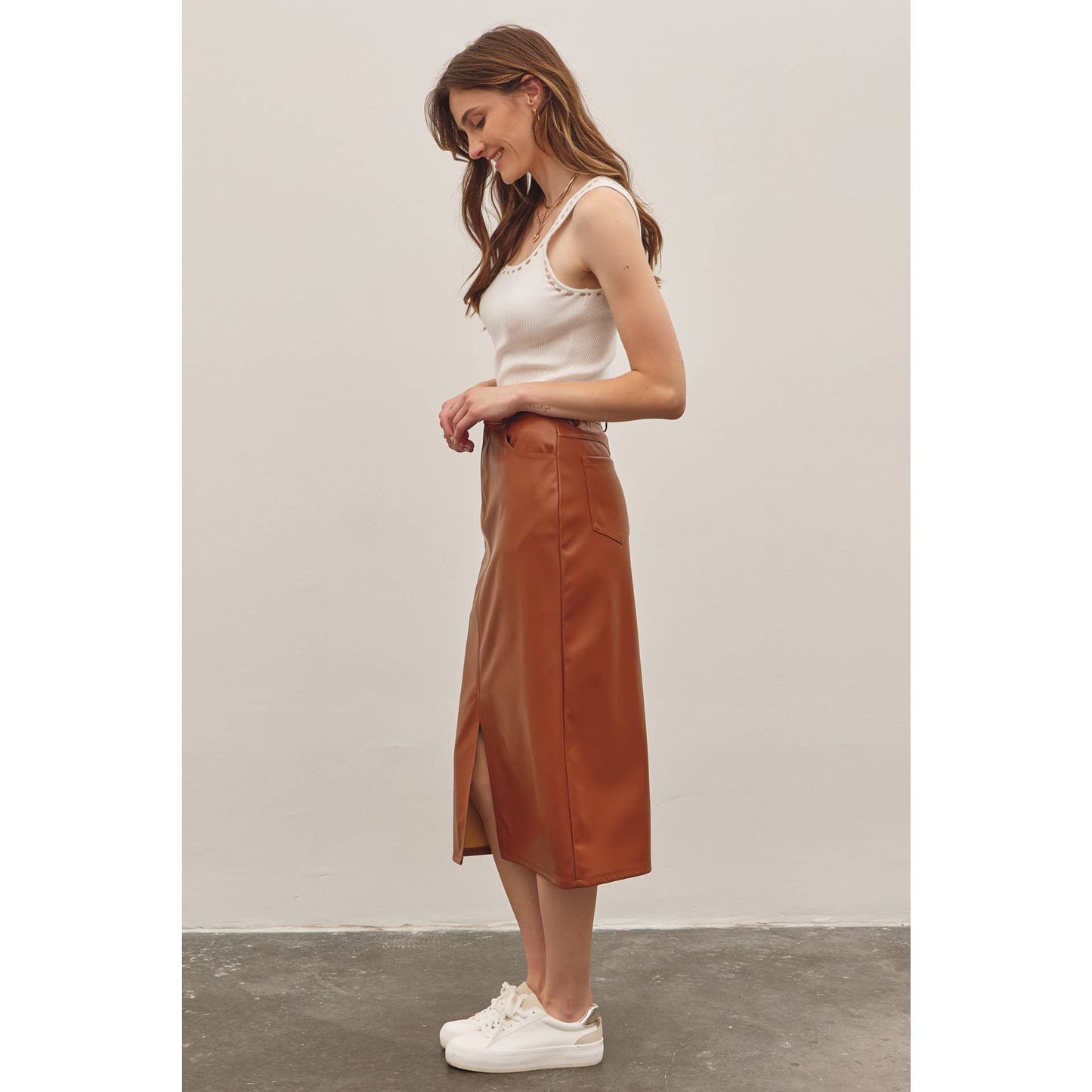 Zoey vegan leather midi skirt