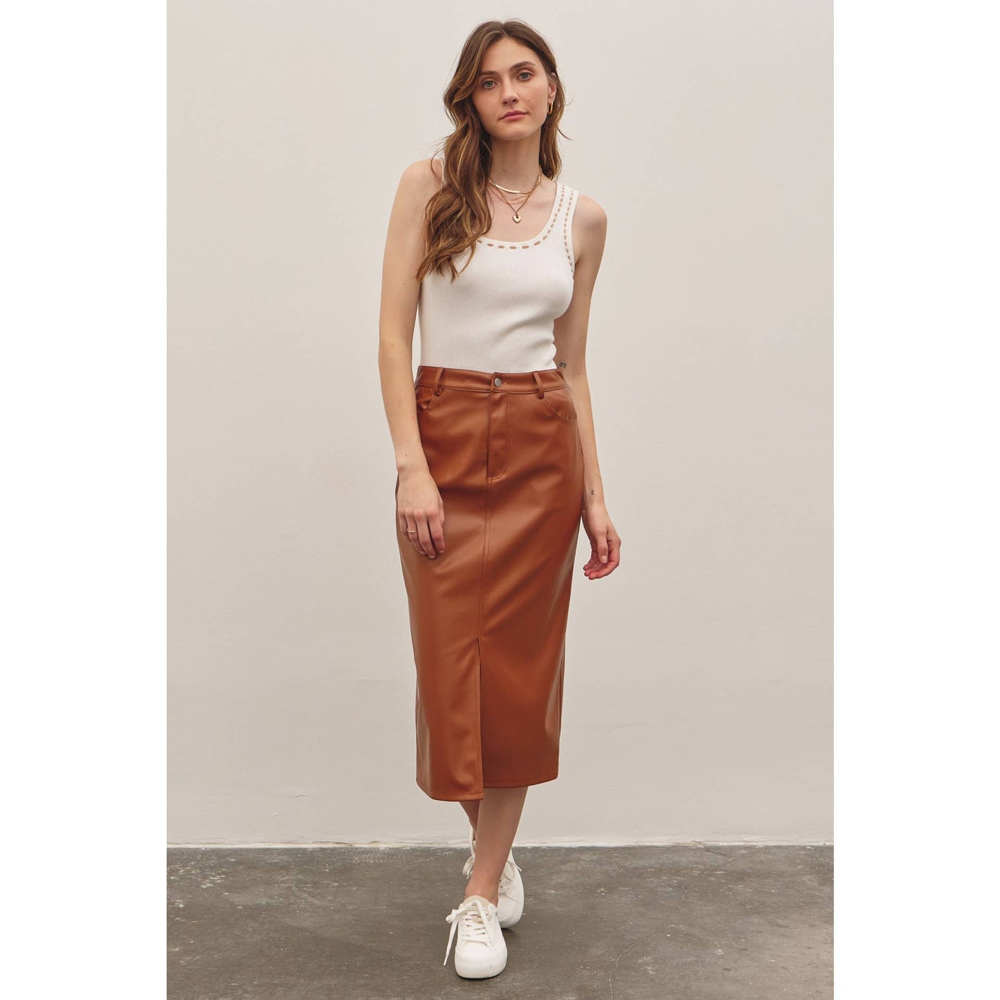 Zoey vegan leather midi skirt