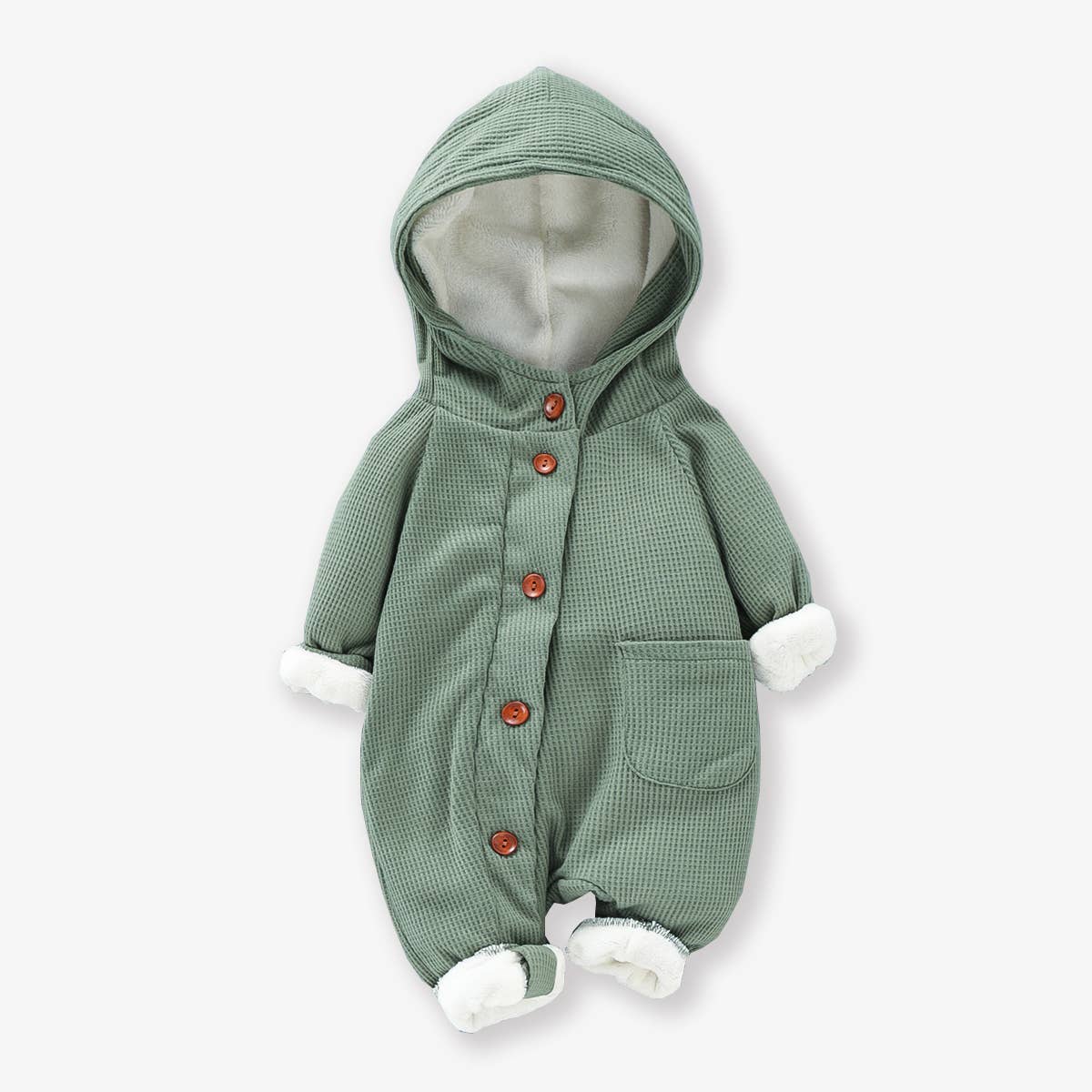 Baby 95% Cotton Thickened Lined Hooded Waffle Jumpsuit: Brown / 12-18 Months