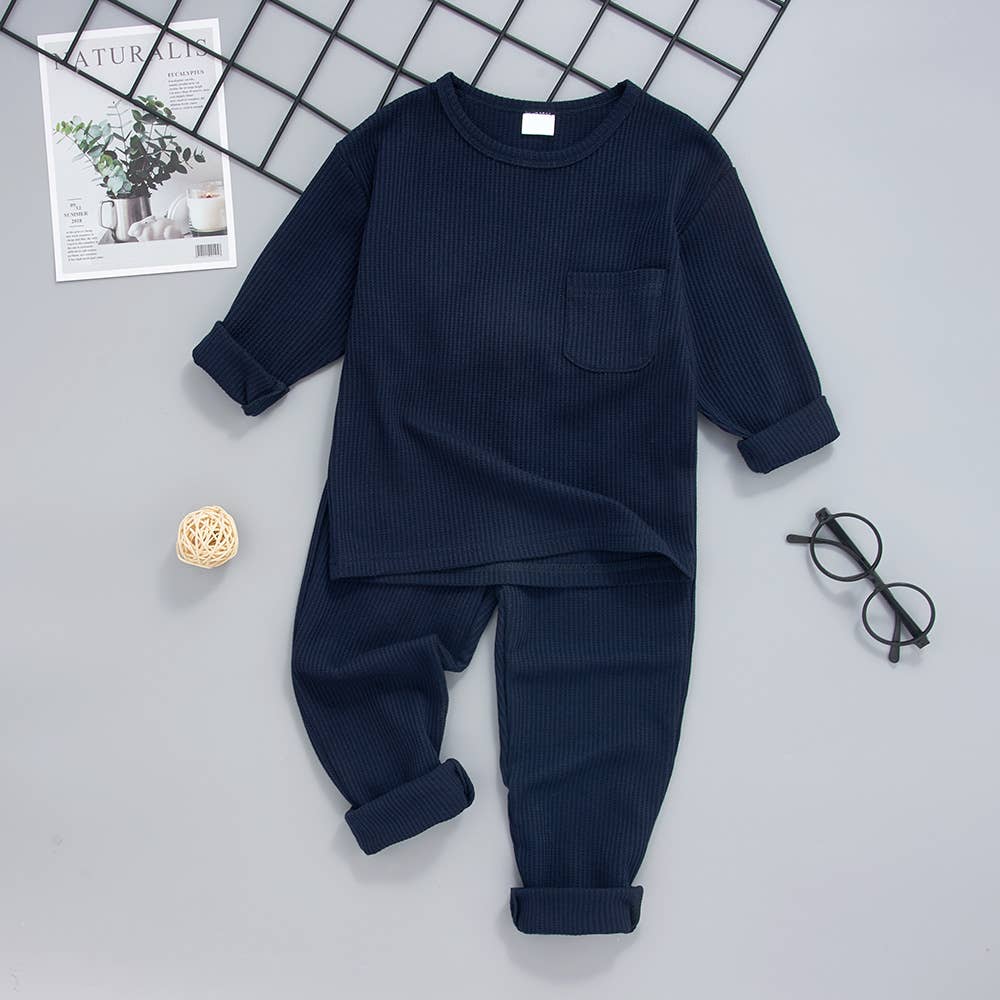 2-piece Toddler Boy/Girl Round-collar Solid Top & Pants Set: Dark Blue / 3-4 Years