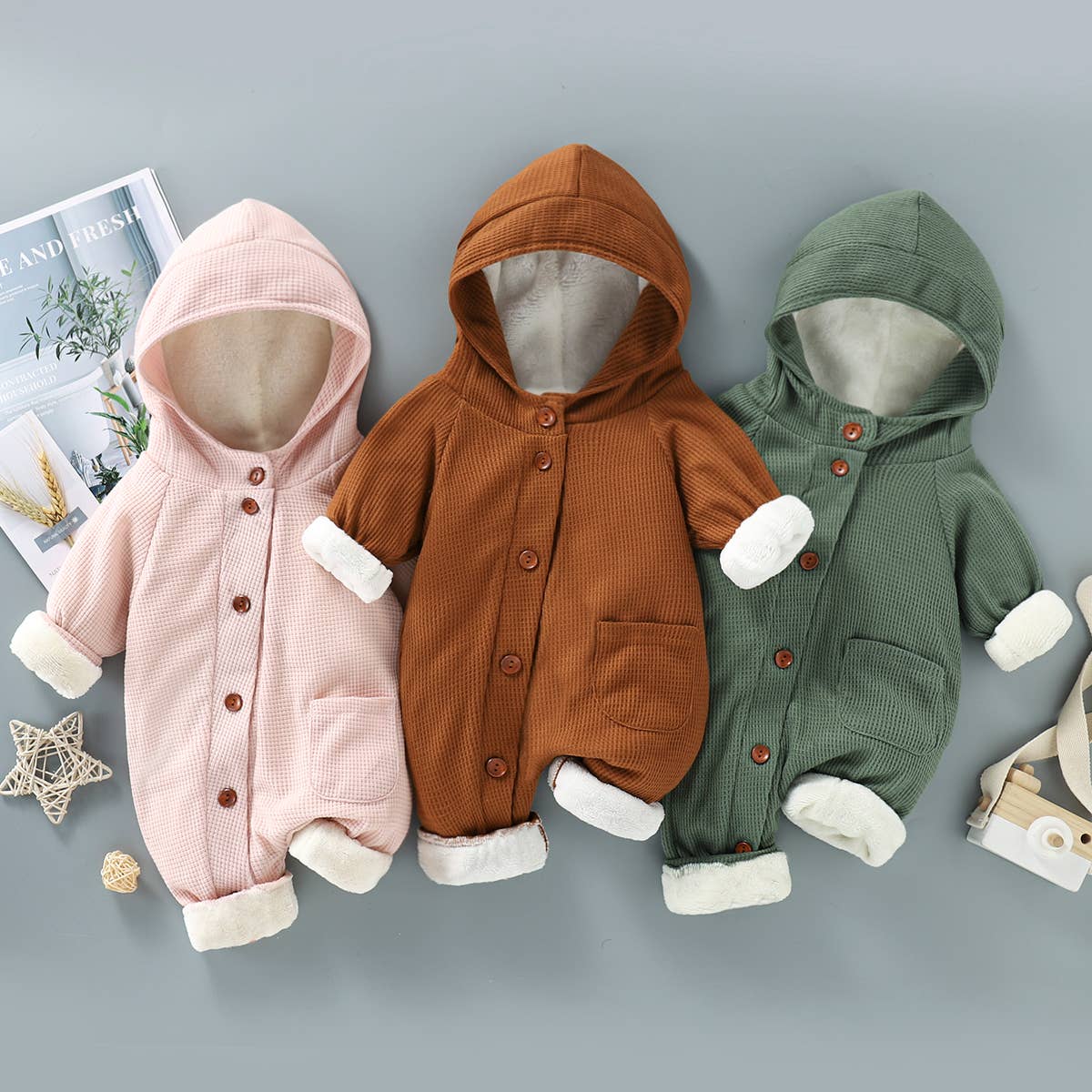 Baby 95% Cotton Thickened Lined Hooded Waffle Jumpsuit: Brown / 12-18 Months