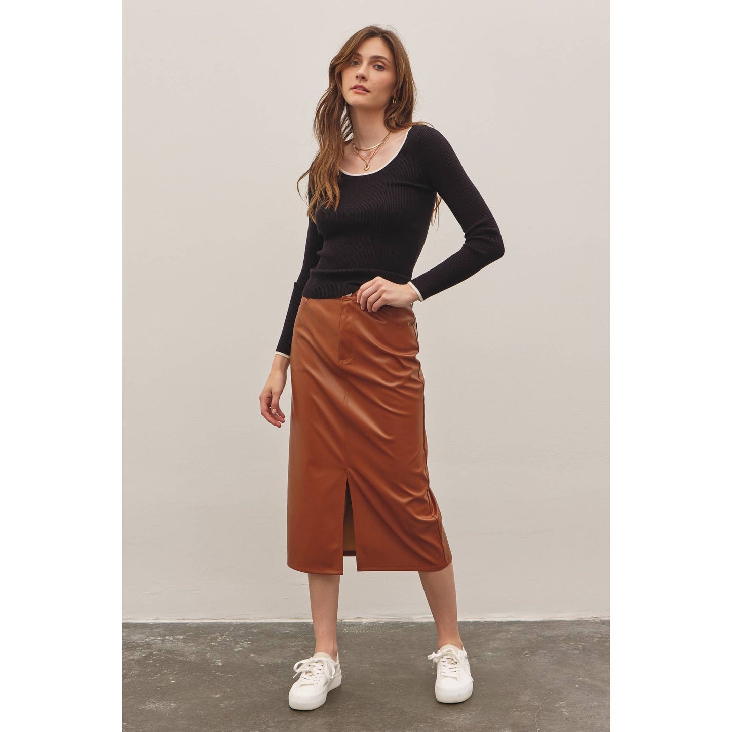 Zoey vegan leather midi skirt