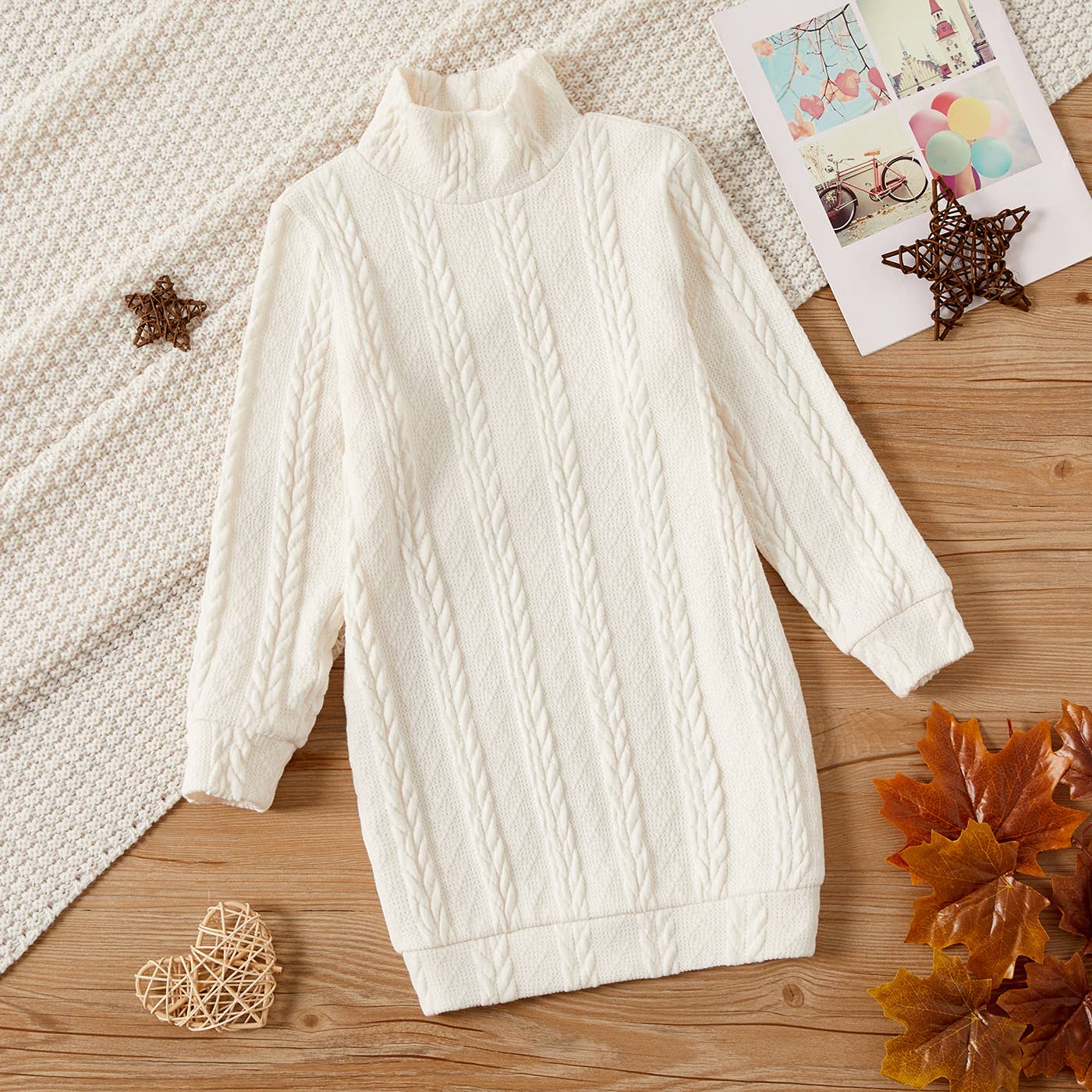 Kid Girl Solid Cable Knit Textured Mock neck Sweater Dress: Creamcolored / 11-12T