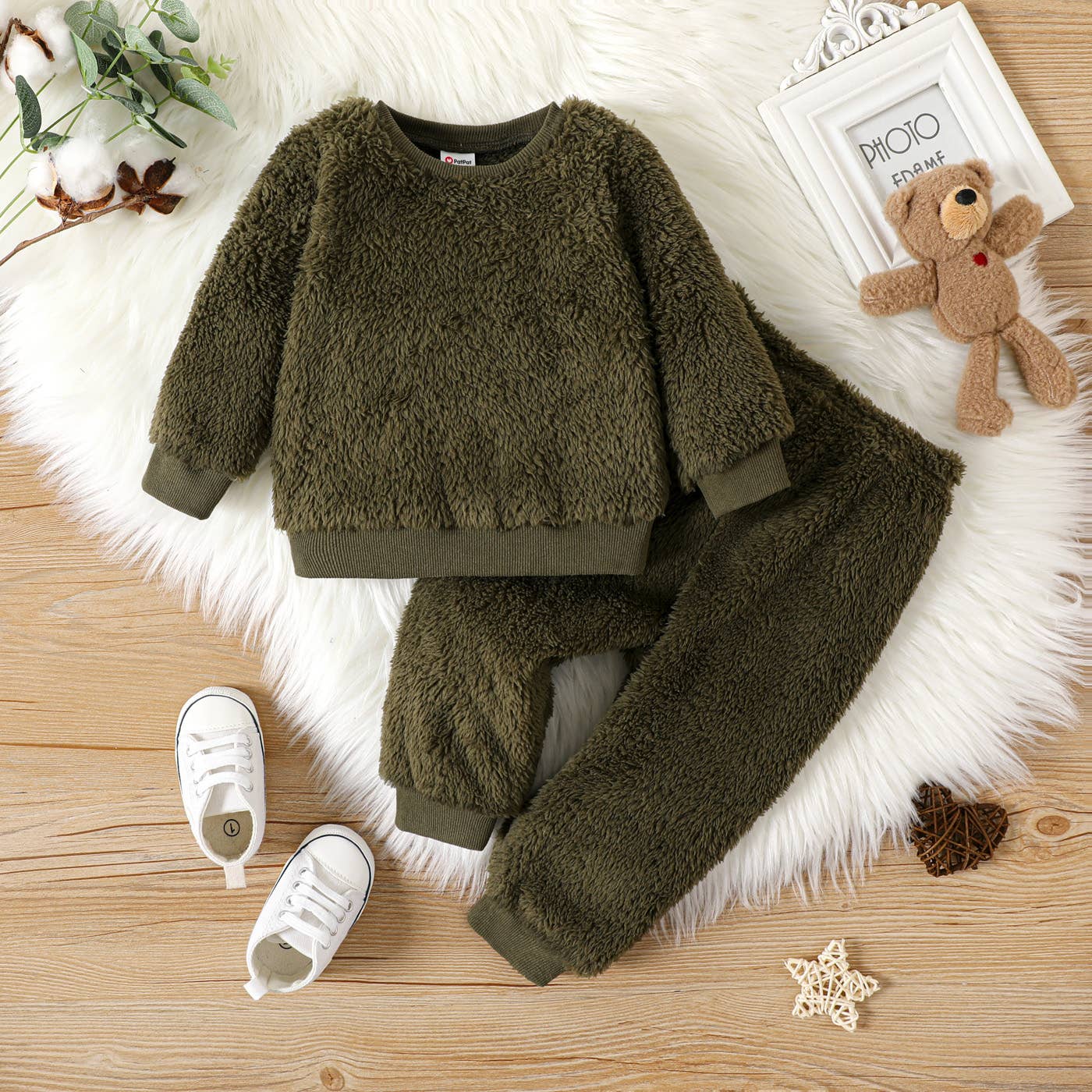 2pcs Baby Boy/Girl Thermal Fuzzy  Pullover and Pants Set: Army green / 3-6 Months