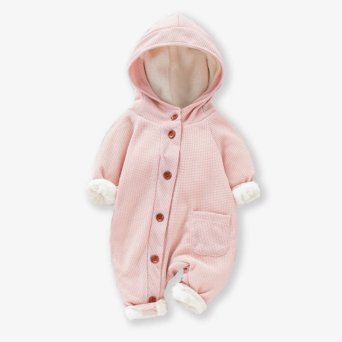 Baby 95% Cotton Thickened Lined Hooded Waffle Jumpsuit: Brown / 12-18 Months