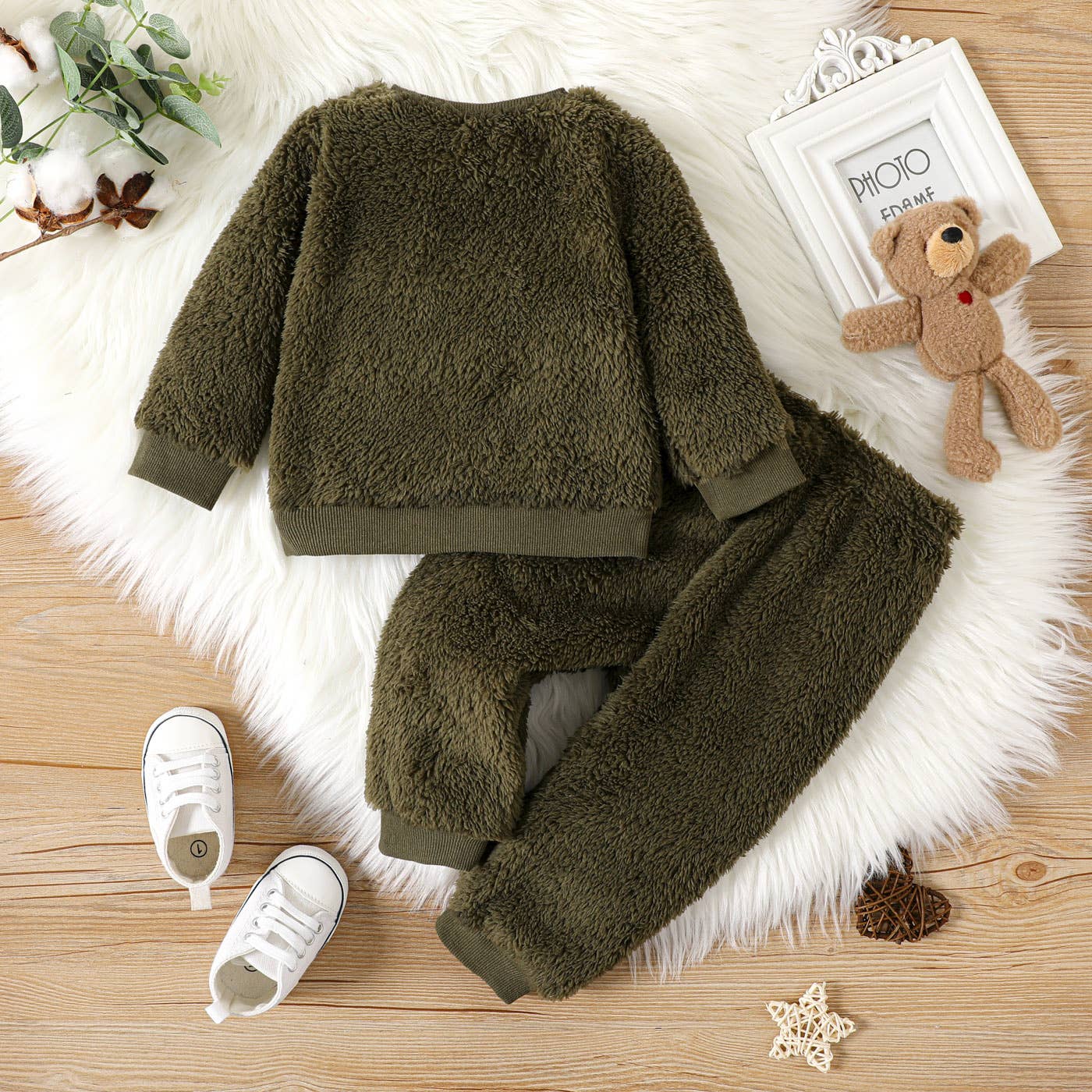 2pcs Baby Boy/Girl Thermal Fuzzy  Pullover and Pants Set: Army green / 3-6 Months