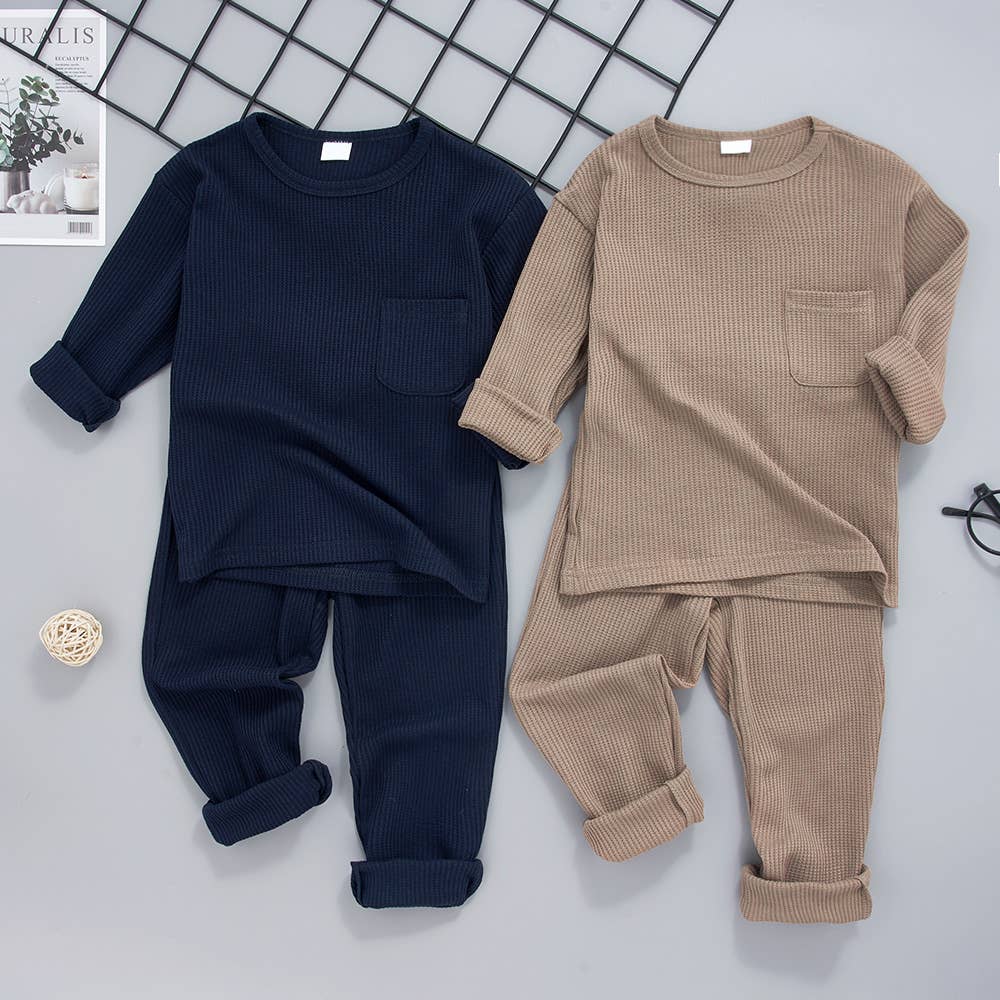 2-piece Toddler Boy/Girl Round-collar Solid Top & Pants Set: Dark Blue / 3-4 Years