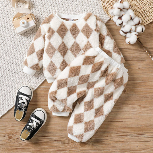 2pcs Baby Casual Grid Long Sleeve Set: Khaki / 6-9 Months