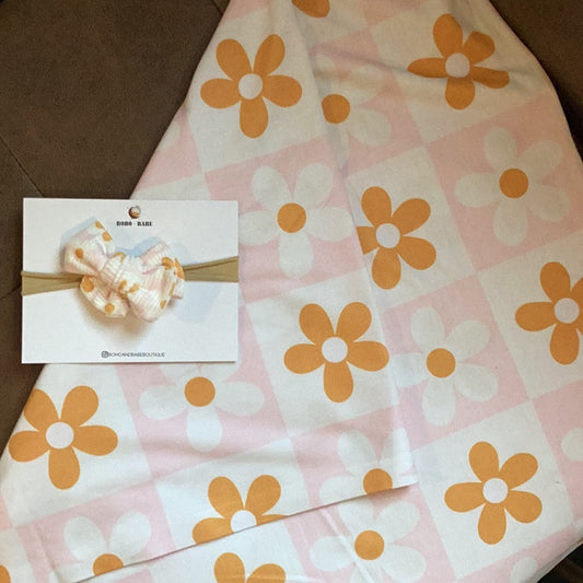 Floral checker board swaddle blanket and bow