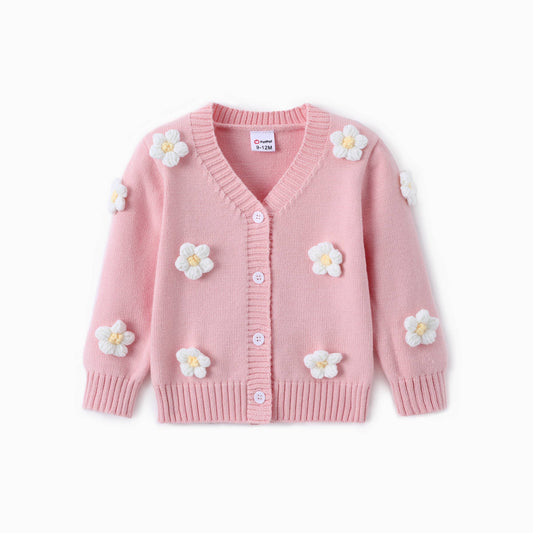 Baby Girl Big Flower Decorated Knit Sweater: Pink / 12-18 Months