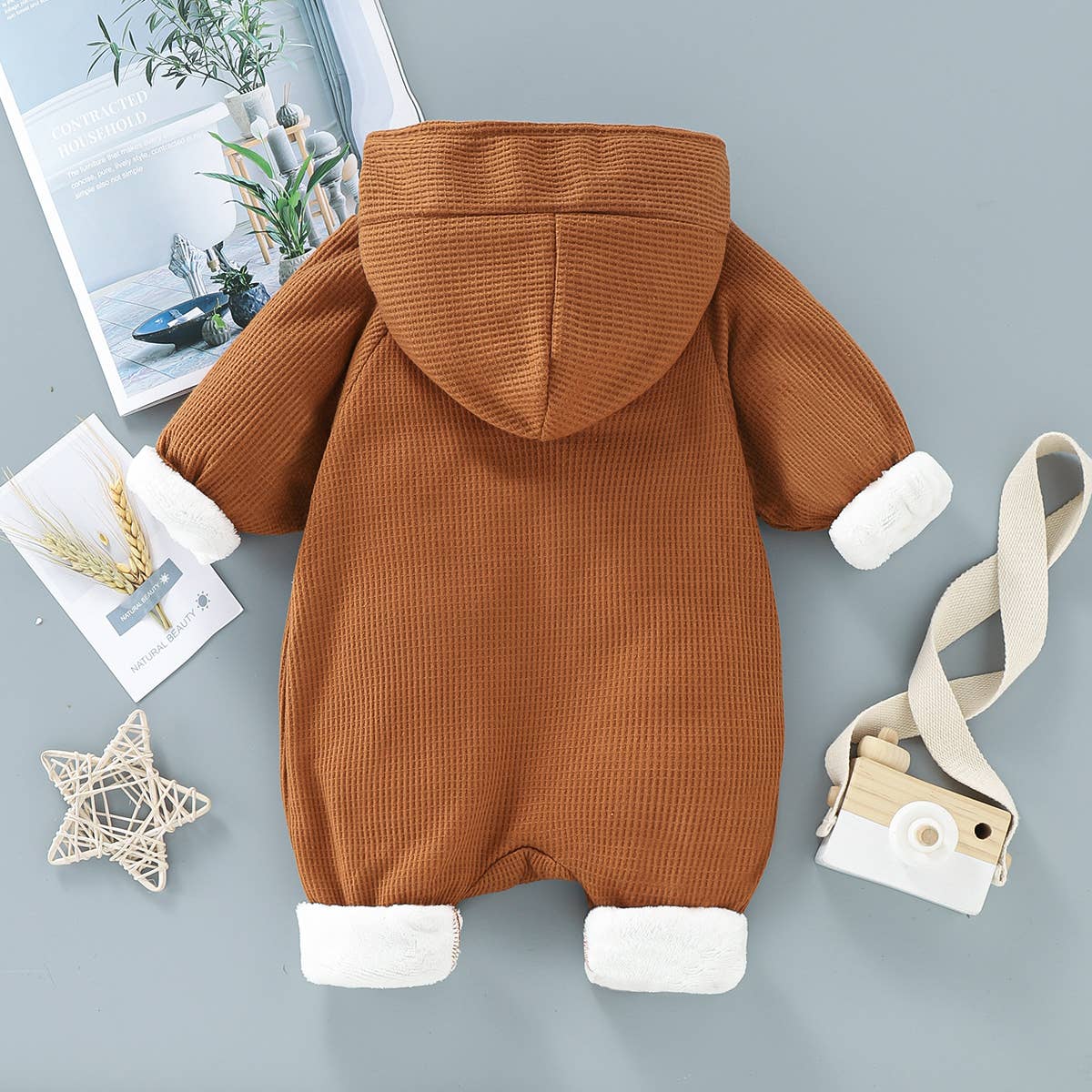 Baby 95% Cotton Thickened Lined Hooded Waffle Jumpsuit: Brown / 12-18 Months