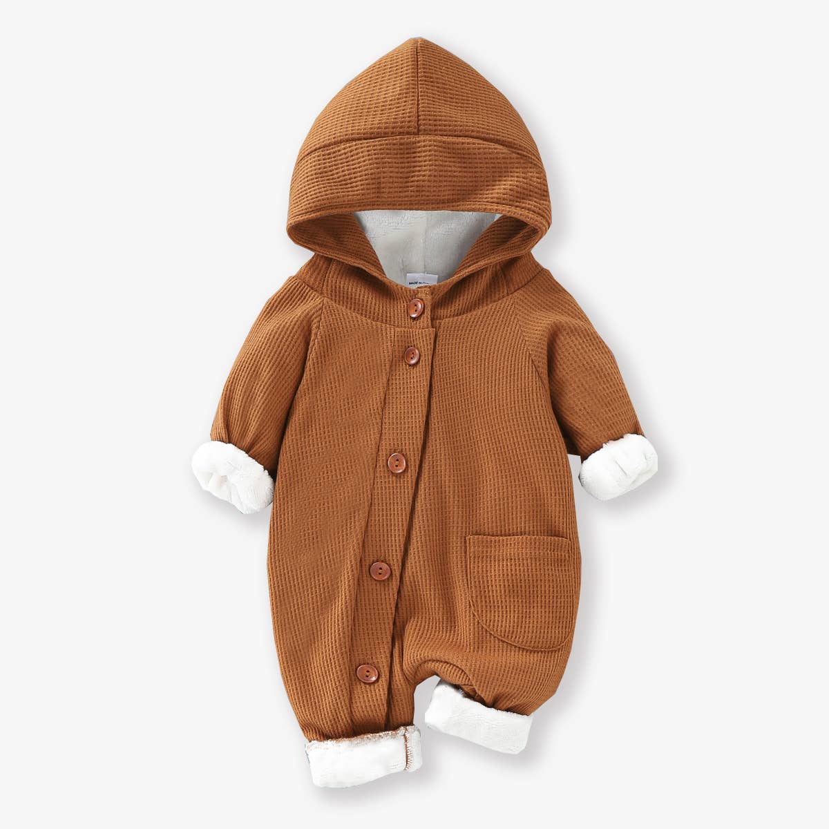 Baby 95% Cotton Thickened Lined Hooded Waffle Jumpsuit: Brown / 12-18 Months