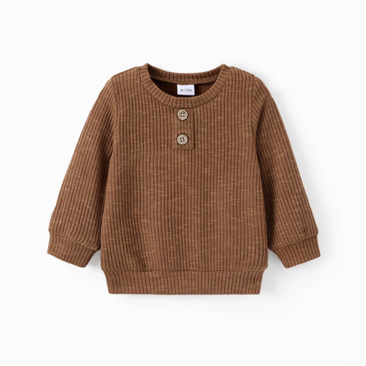 Baby Boy/Girl Button Solid Ribbed Knitted Long-sleeve Top: Brown / 6-9 Months