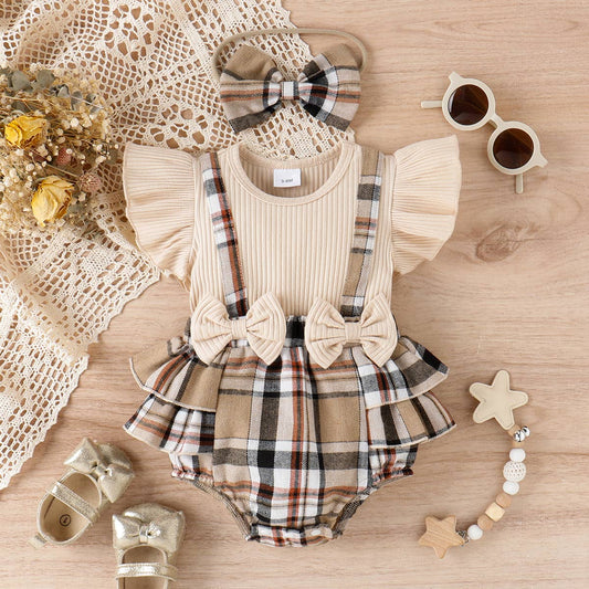 2pcs Baby Girl 95% Cotton Plaid Romper & Headband Set: Apricot / 9-12 Months