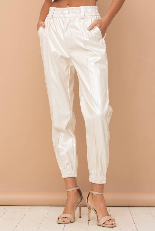 White faux leather jogger